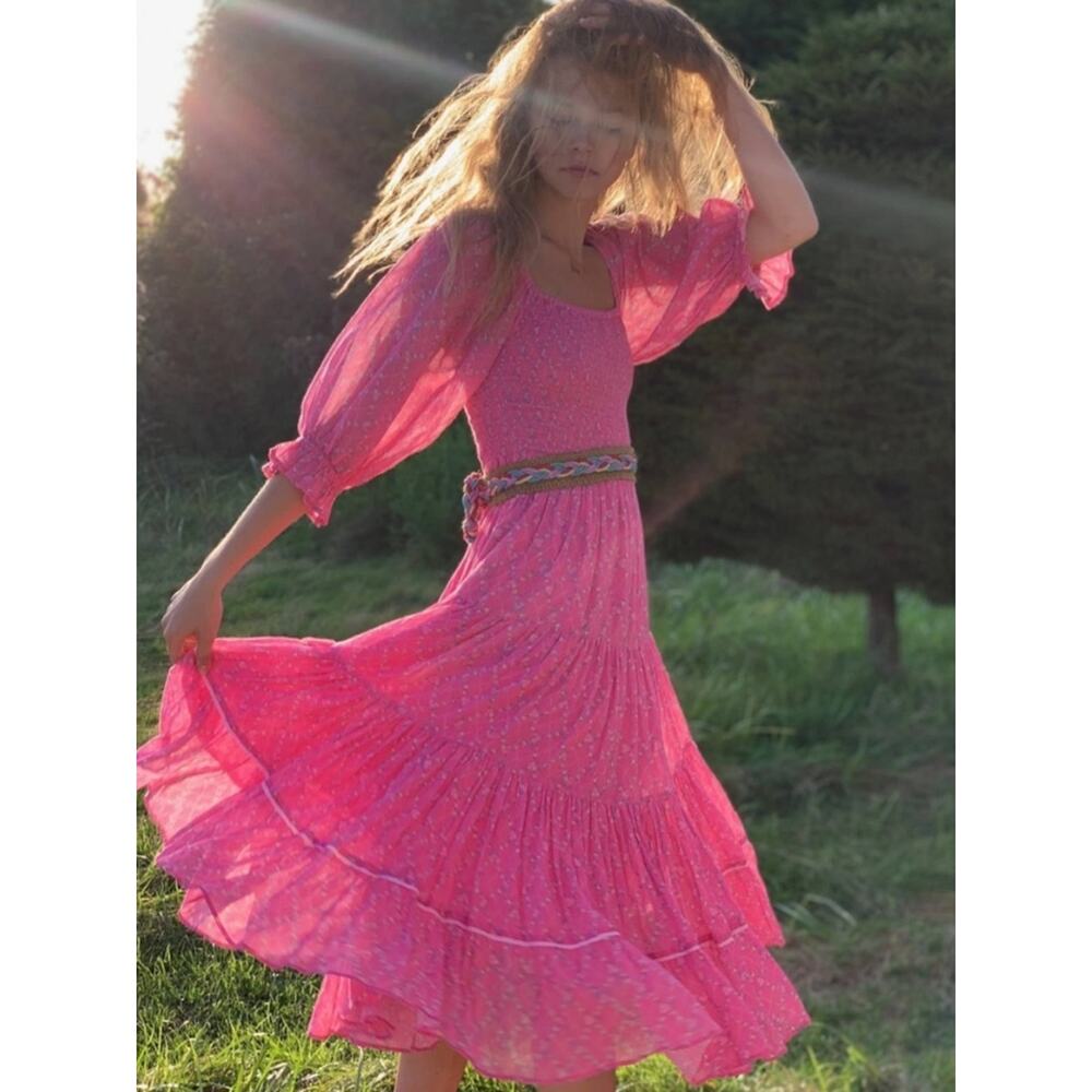LOVESHACKFANCY Rigby Pink Floral Smocked Dress European Summer Romantic Size M